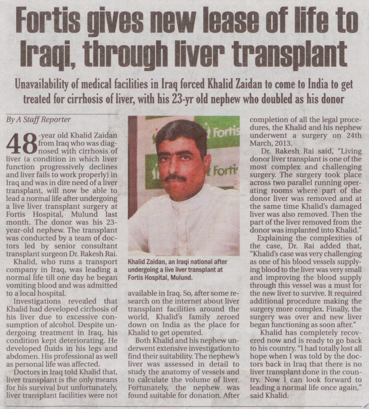 Fortis gives new lease of life to Iraqi, through liver transplant